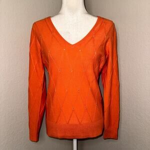 New York & Company Sweater Women’s Small Orange Argyle Rhinestone Knitted Winter